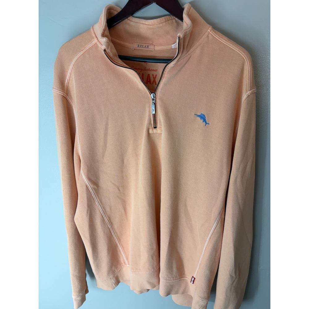 Tommy Bahama Relax Mens XL Peach Orange Ribbed 100% Cotton Quarter Zip Pullover